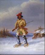 Indian Trapper with Red Feathered Cap in Winter Cornelius Krieghoff